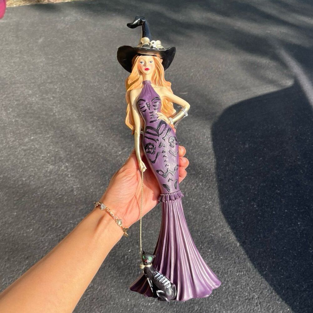 Bella Lux Halloween Sexy Witch Figurine with Cat Leash Decor